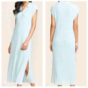 Pearl By Lela Rose Ice Blue Cotton Blend Ribbed Cap Sleeves Midi Maxi Dress L